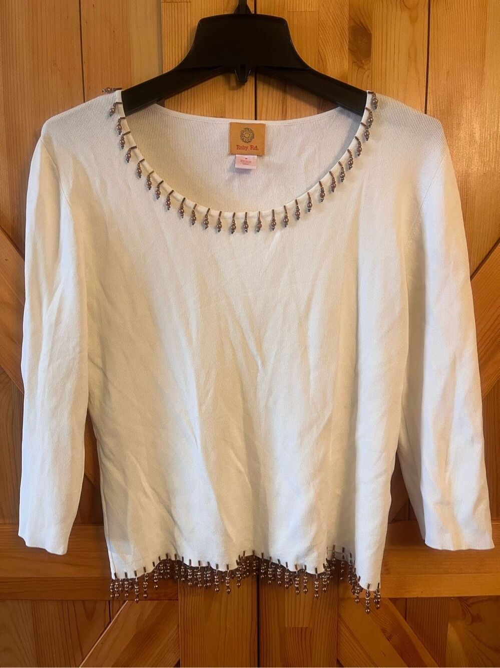 Ruby Rd Womens Med Blouse Beaded Neck/Bottom Trim Cream 3/4 Sleeve (1293)